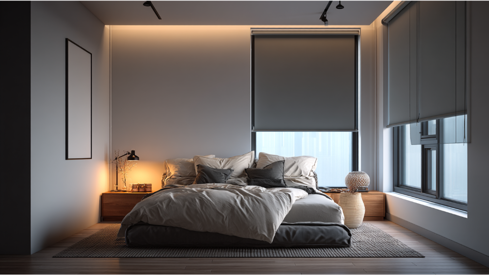 Minimalist bedroom with blackout roller shades and soft ambient lighting