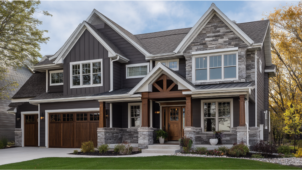 Modern craftsman-style home featuring dark siding, stone accents, and wood trim details