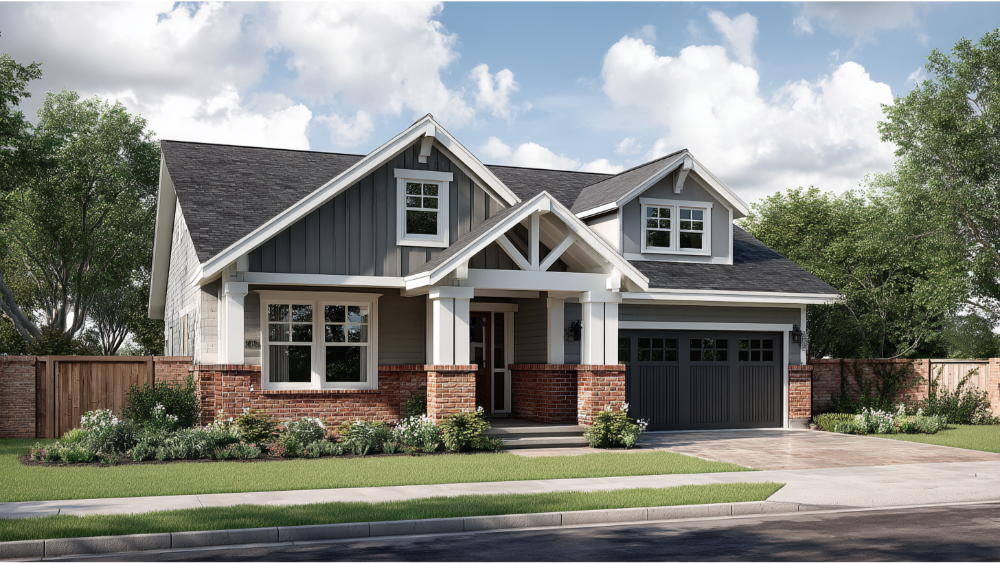 Modern craftsman-style house with gabled roof, brick accents, and a two-car garage