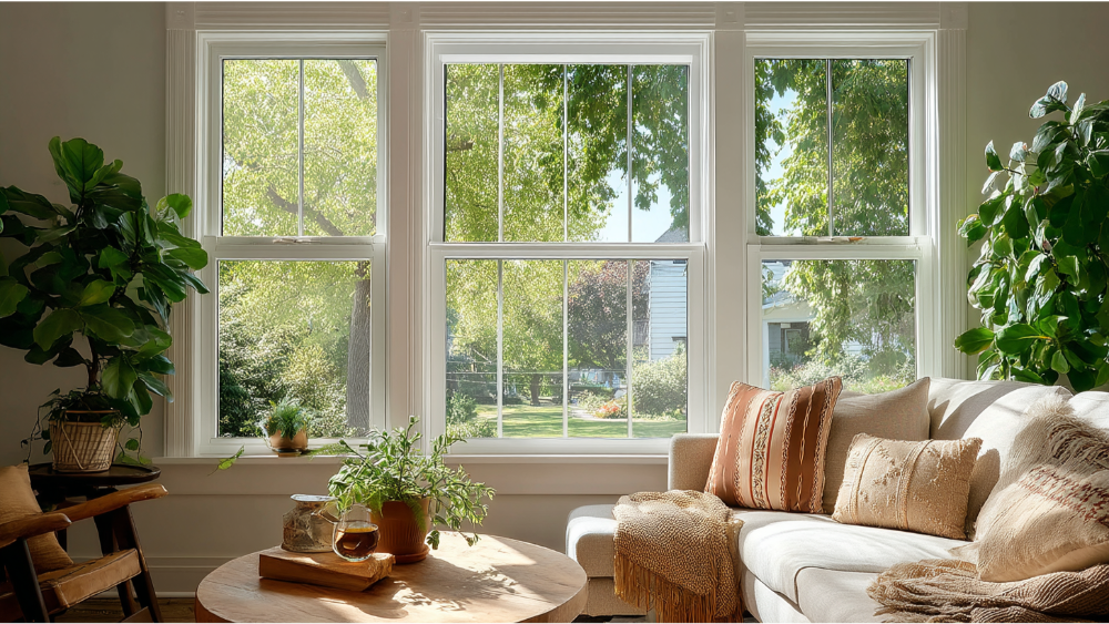 Bright living room with large white-trimmed windows and cozy neutral décor