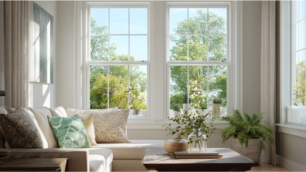 Sunlit living space with modern white windows and indoor plants