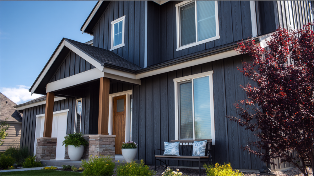 Contemporary house featuring dark board-and-batten siding, white trim, wood columns, and clean landscaping.