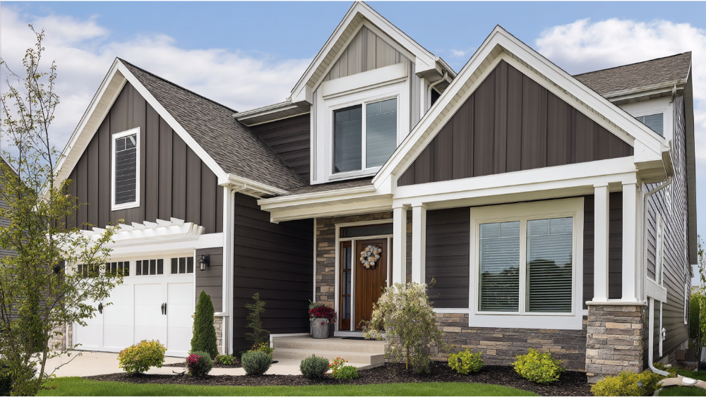 Modern home with dark brown vertical and horizontal siding, stone accents, and a welcoming entryway with a wood door.