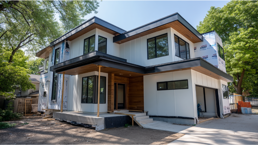 Modern two-story home under construction with hardie board siding partially installed and wood accents near the entryway.