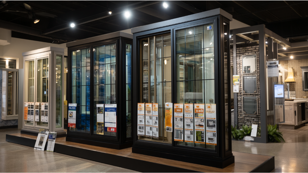 Indoor showroom display of black-framed vinyl sliding and patio doors with product labels and pricing.