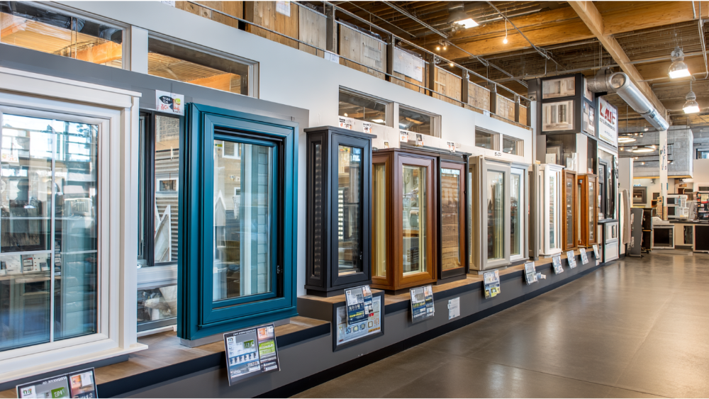 Variety of vinyl window styles on display in a home improvement showroom, including colored and wood-look frames.