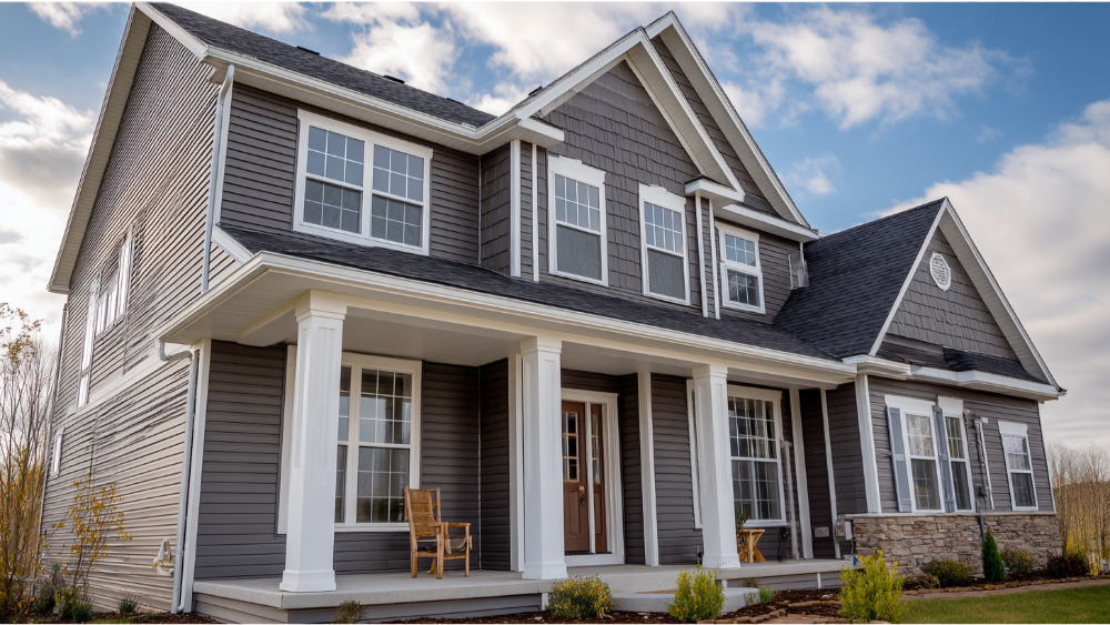 Newly built two-story house with gray grain-textured vinyl siding and white trim