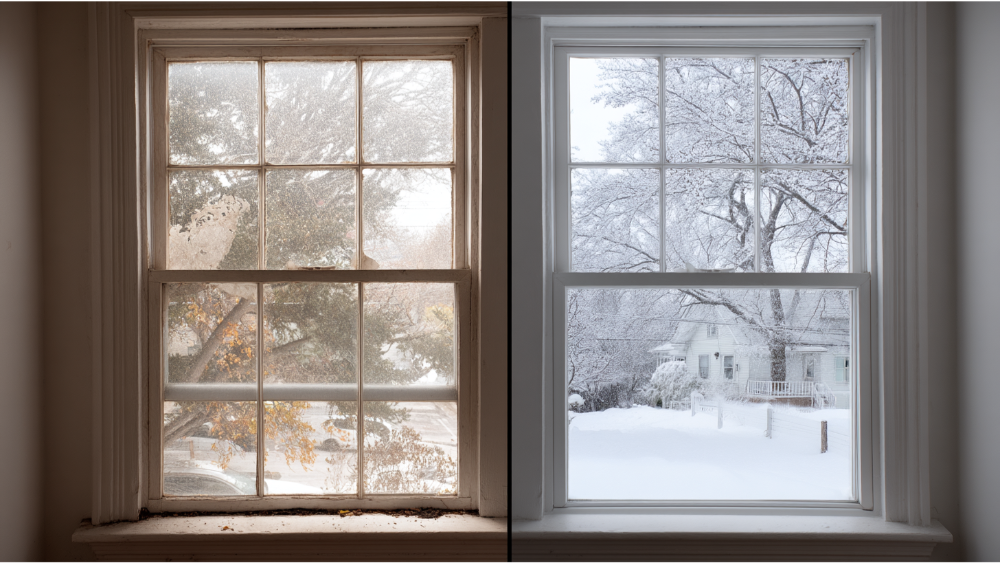 Side-by-side comparison of old single-pane window and new energy-efficient double-pane window, showing clear visual and seasonal contrast.