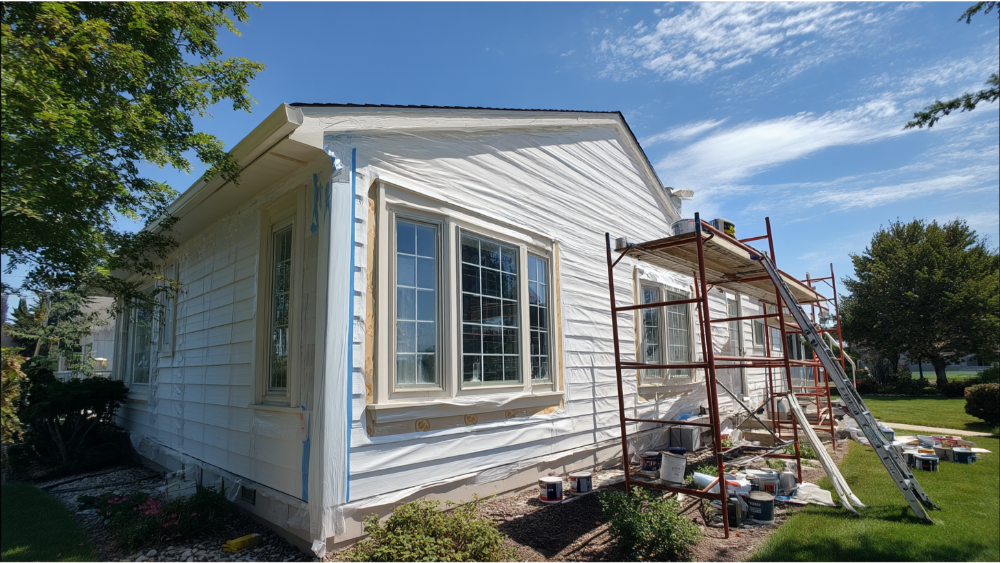 Side view of a house undergoing exterior painting, with scaffolding, ladders, and paint supplies visible on the lawn.
