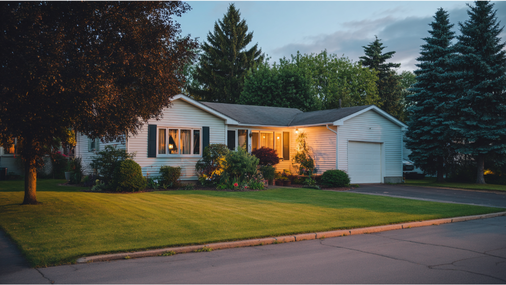 Single-story suburban home with vinyl siding, attached garage, and evening lighting