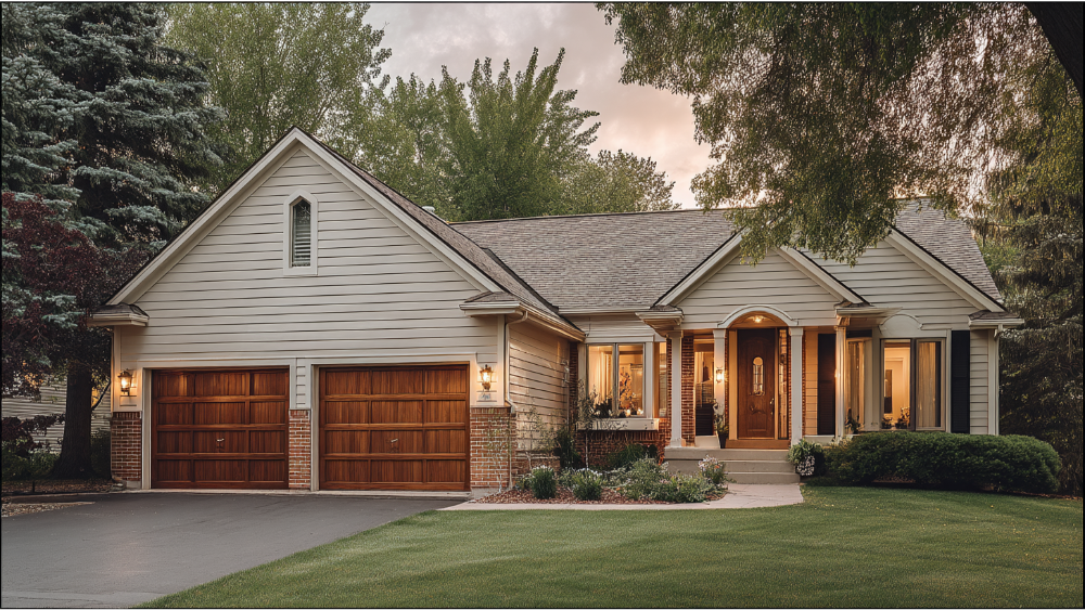 Single-story suburban home with beige horizontal siding, wood garage doors, and a well-maintained lawn.