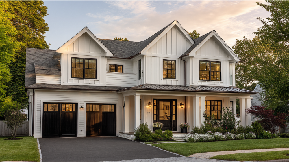 White two-story house with black trim, double garage, and manicured front yard