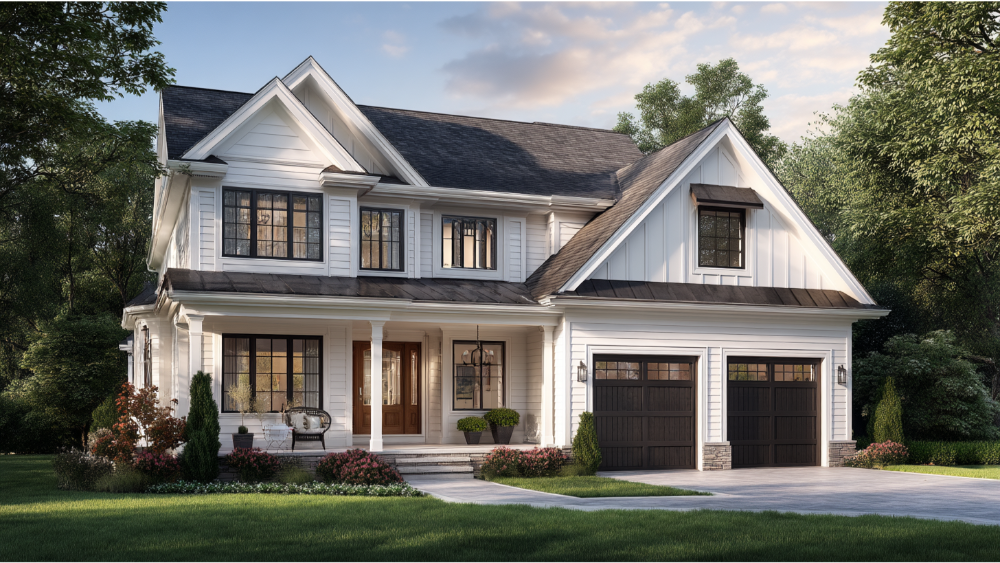 Traditional two-story home with white siding, black windows, and double dark garage doors