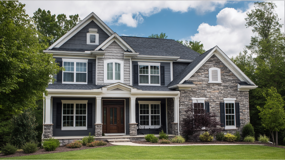 Elegant home with gray siding, stone veneer, white trim, and dark shutters set against a lush green backdrop.