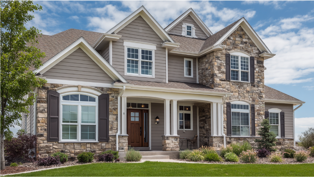 Two-story suburban home with taupe vinyl siding, stone accents, white trim, and a covered front porch.