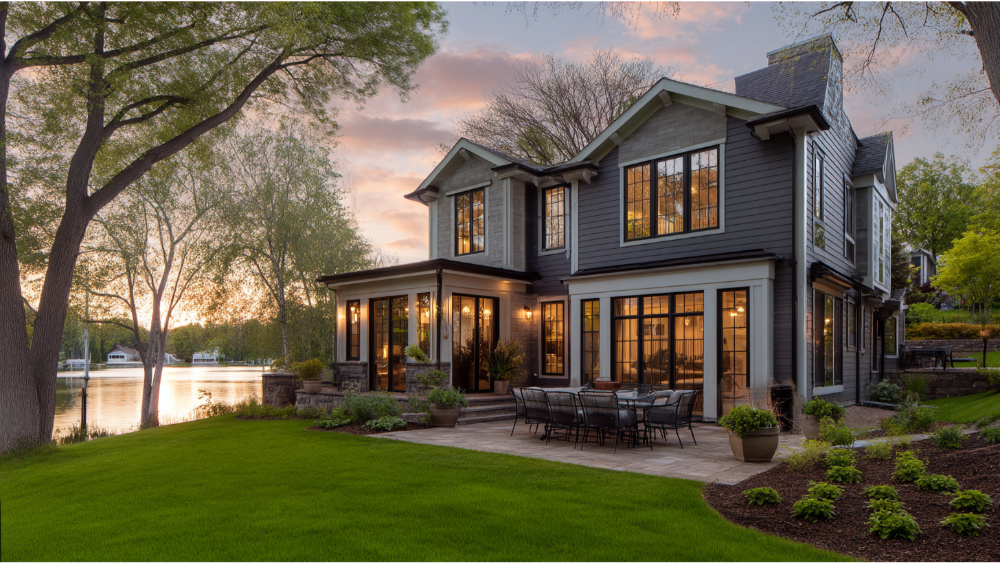 Backyard view of a modern house with black windows and patio dining area by a lake