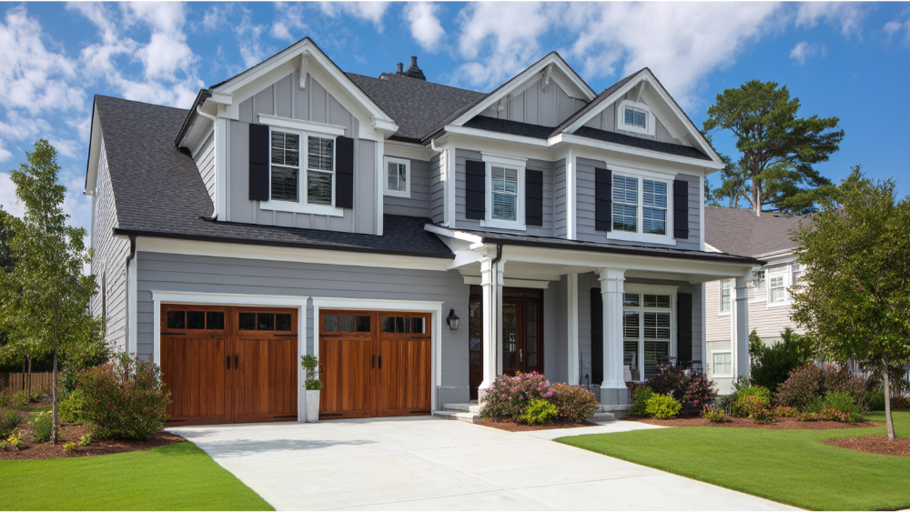 Two-story suburban home with gray siding, white trim, and wooden garage doors