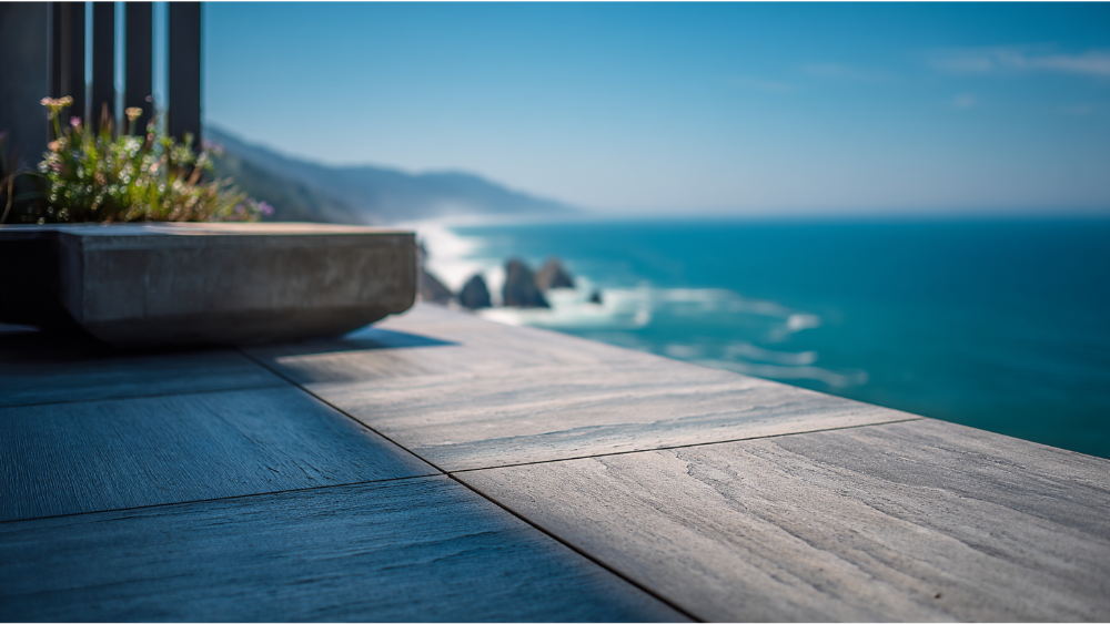 Close-up of a tiled deck with a scenic ocean view and distant coastline in the background.