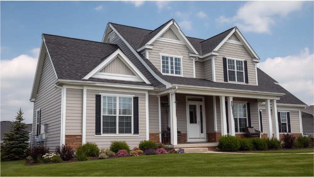Two-story modern home with light gray vinyl siding, black shutters, and a covered front porch with landscaping.