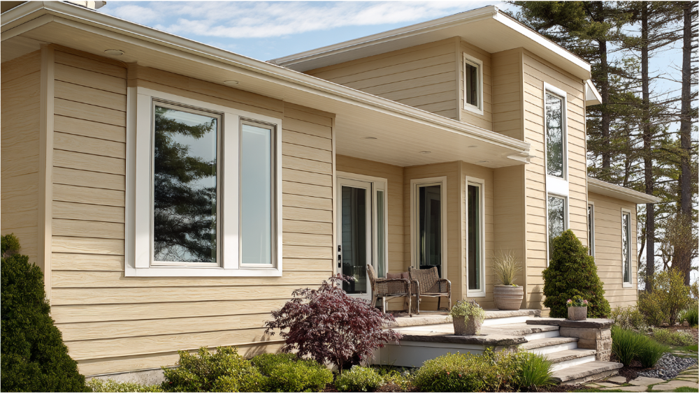 Modern house with grainy texture vinyl siding in a light tan finish