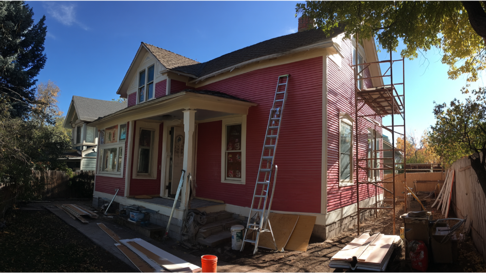 Older two-story house undergoing exterior renovation with red siding, scaffolding, and construction materials on site.