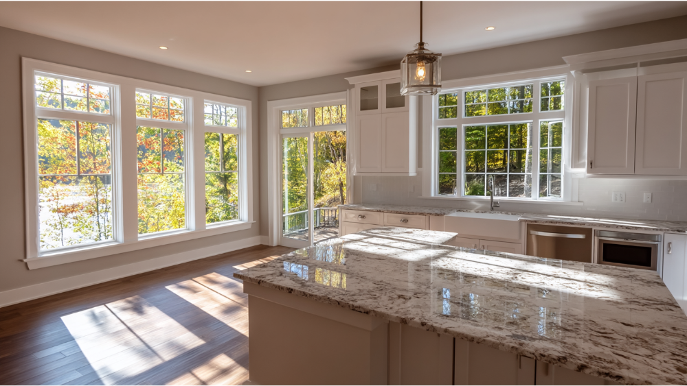 Bright, modern kitchen with large vinyl windows, white cabinetry, granite countertops, and scenic forest views.