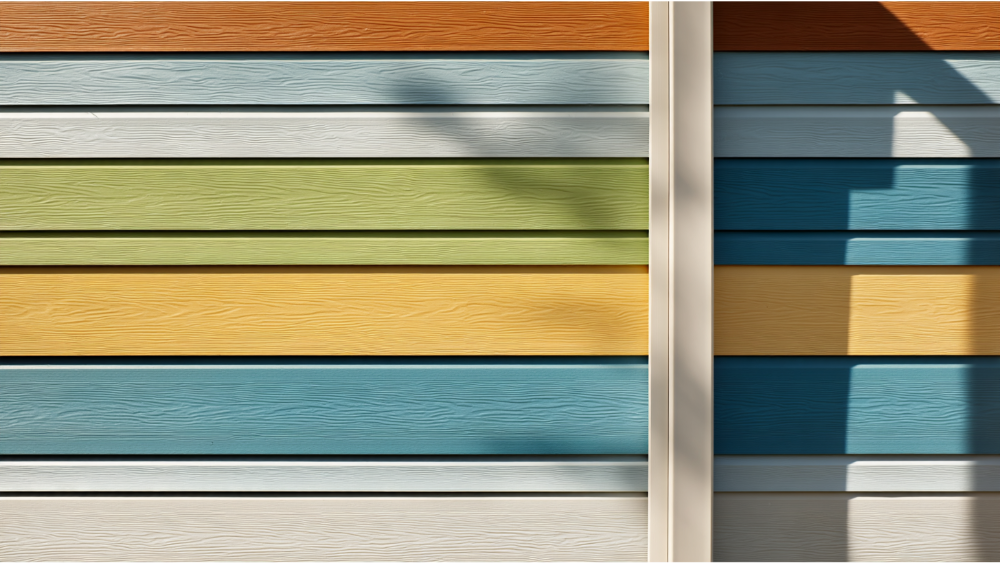 Close-up of horizontal vinyl siding panels in a variety of vibrant colors, showcasing paint options or design samples.