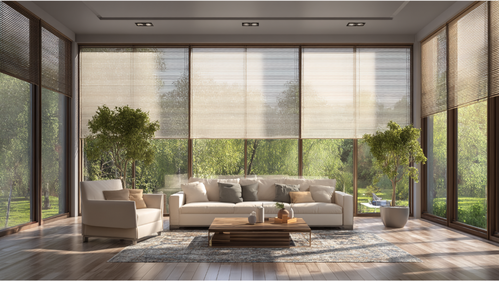 Modern living room with large windows, beige blinds, and indoor trees