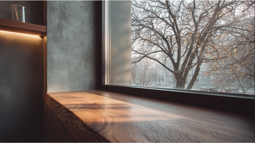 Wooden window sill with natural light and tree branches outside