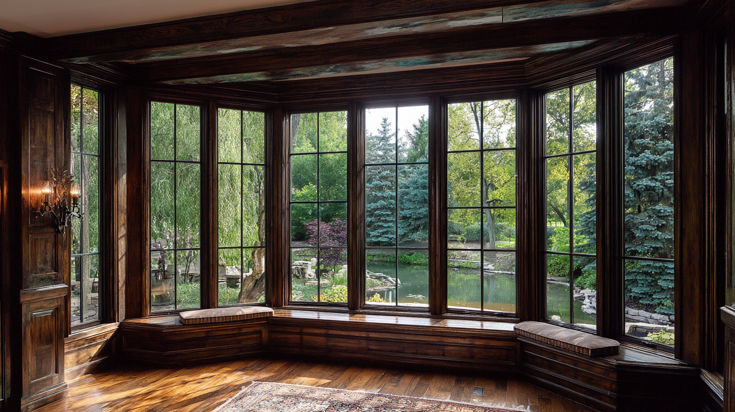 Traditional bow window with dark wood framing