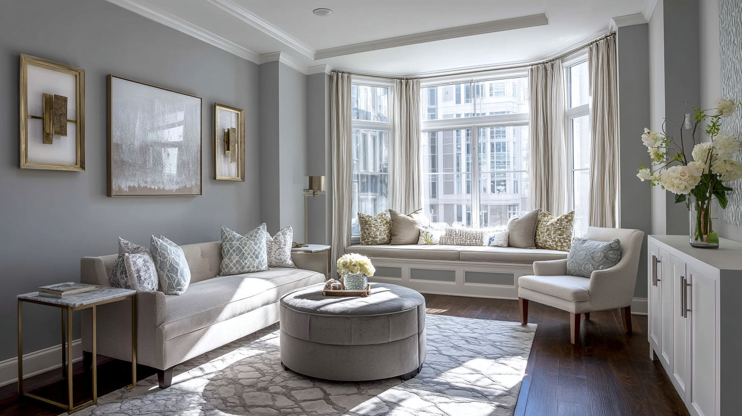 Elegant living room with bay window and seating area