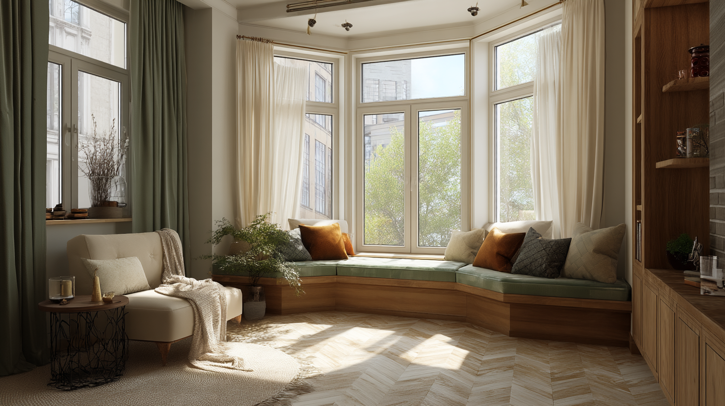 Bright living room with bay windows and window seat