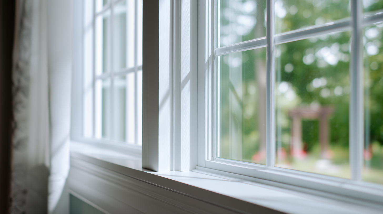 Interior close-up of white vinyl window with divided glass panes