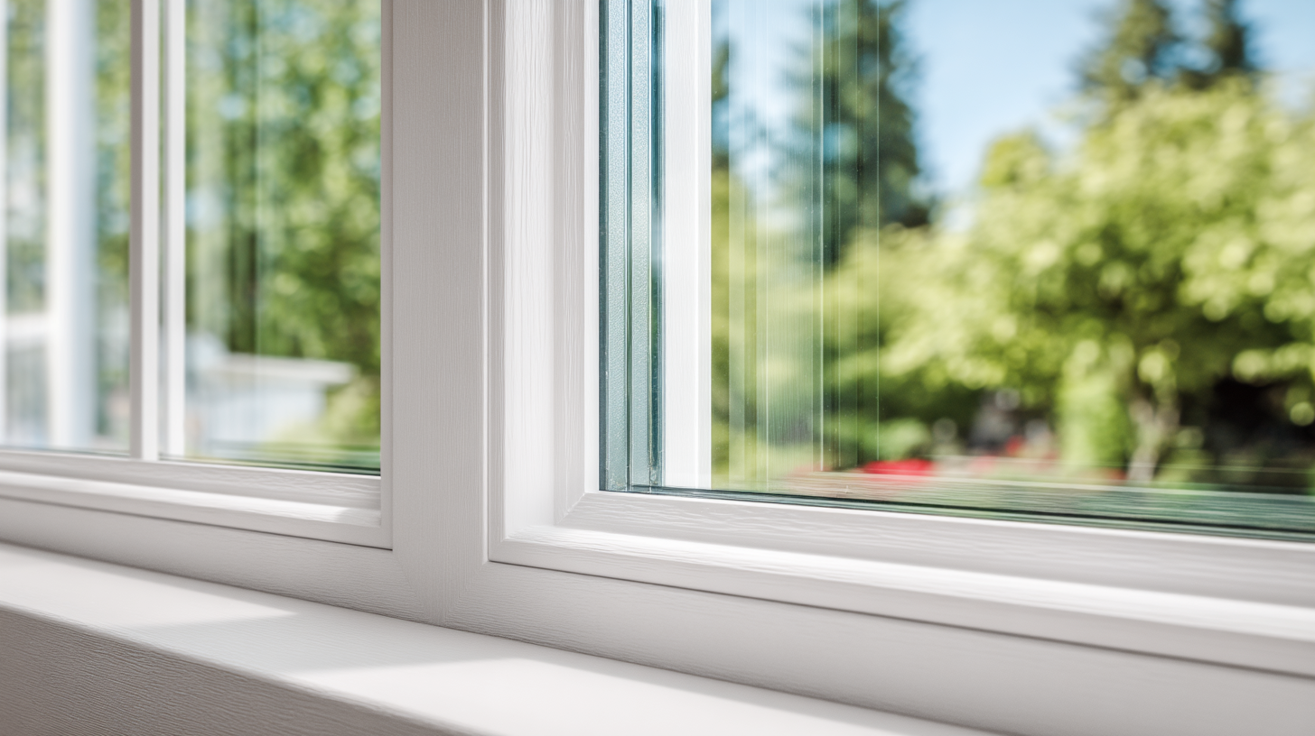 Close-up view of white vinyl window frame with double-pane glass
