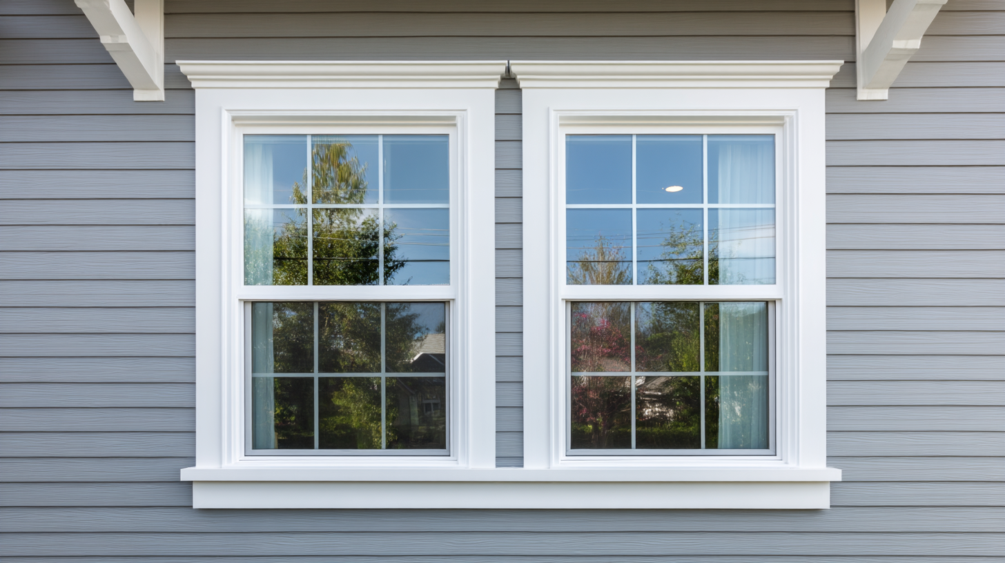 Gray siding house with double-hung white vinyl windows framed in white trim