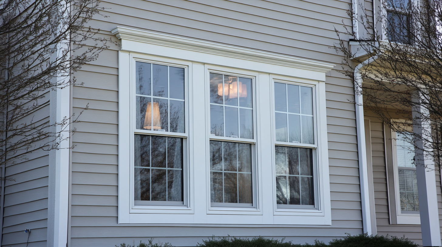Beige siding house with large double-hung white vinyl windows with decorative trim