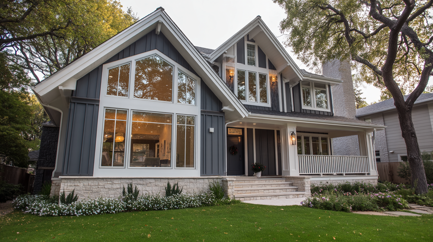 Modern gray home exterior with large bay window